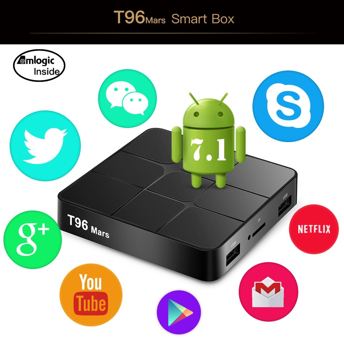 T96 Mars 4K HD Smart TV Box With Remote Controller, Android 7.1.2, S905W Quad-Core 64-Bits ARM Cortex-A53, 1GB+8GB, Support TF Card, HDMI, LAN, AV, WiFi(Black)