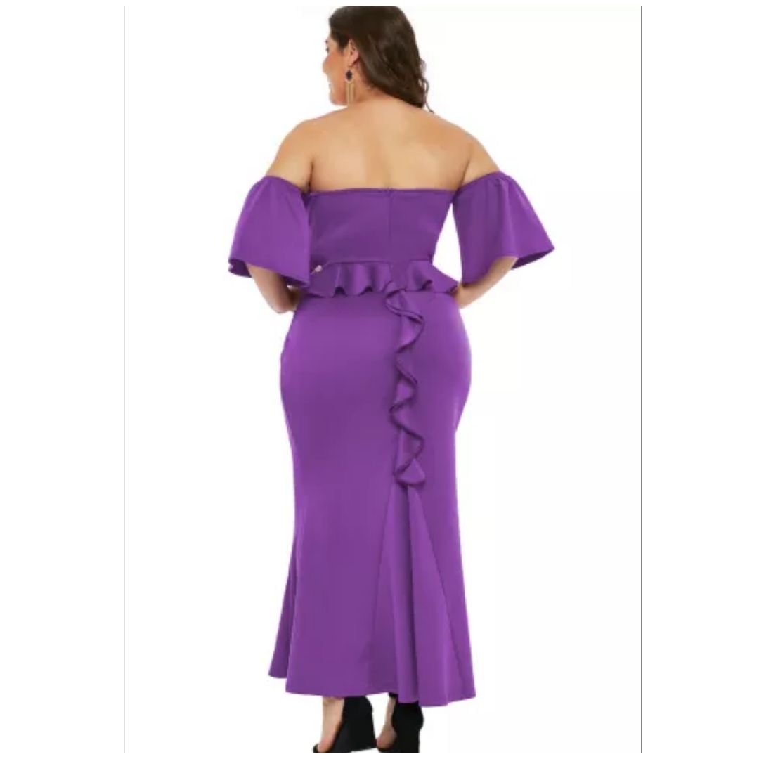 R Purple Sexy Strapless Drop Shoulder Plus Size Maxi Dress