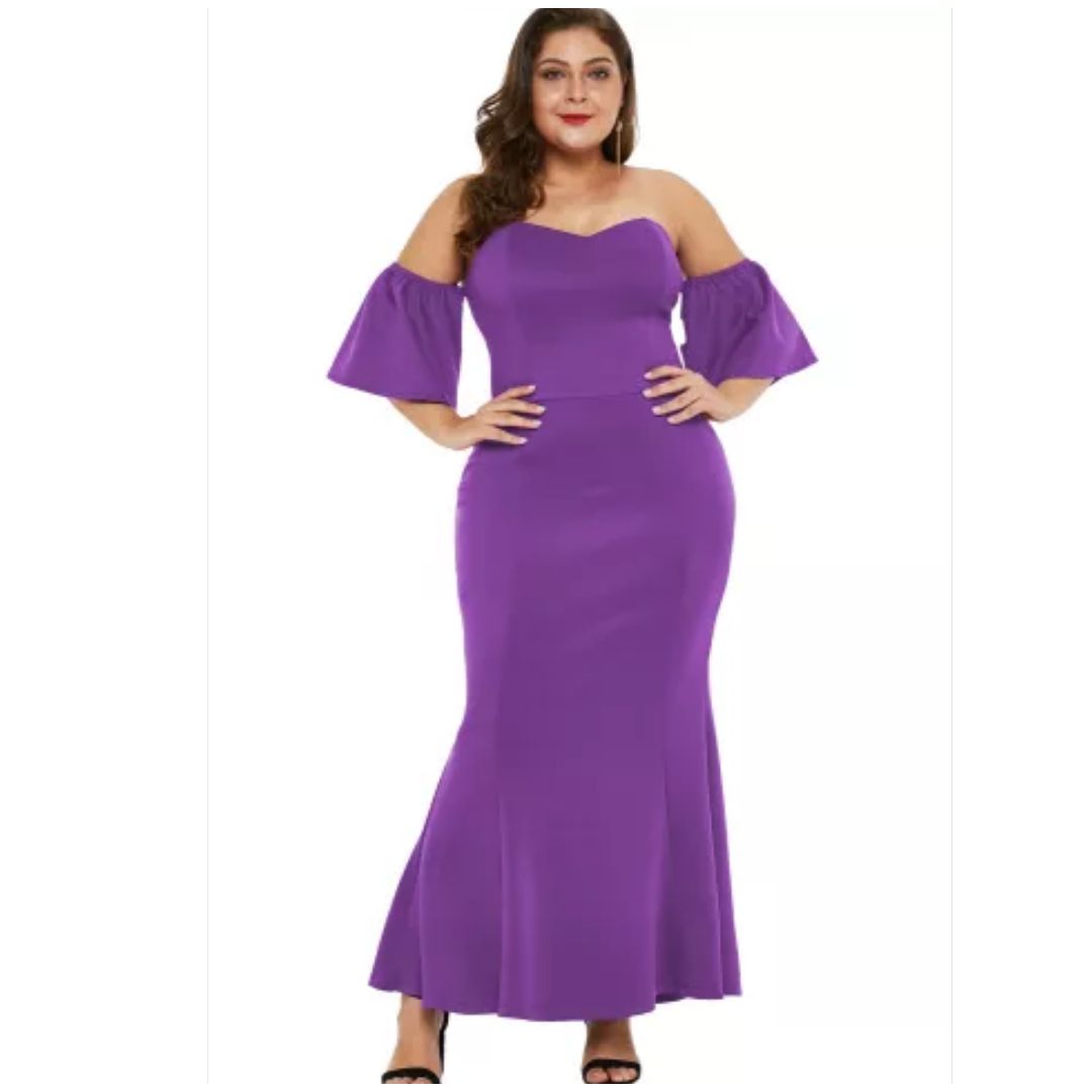 R Purple Sexy Strapless Drop Shoulder Plus Size Maxi Dress