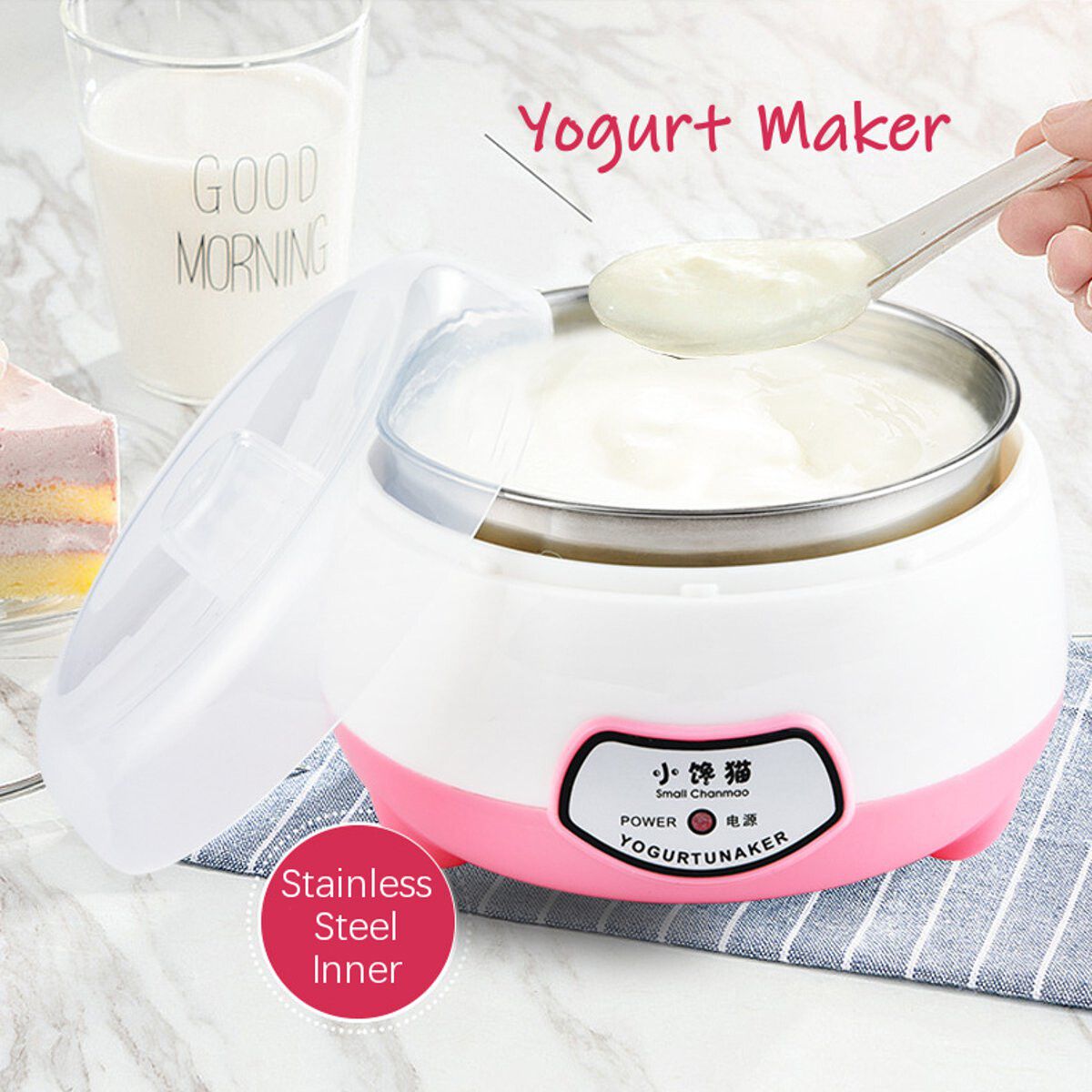 8W 1.0L Yogurt Machine Maker Household Fully Automatic Stainless Steel Small Yogurt Machine Kitchen Tools Stainless Steel Inner /Plastic Inner Pink (Stainless Steel Inner)