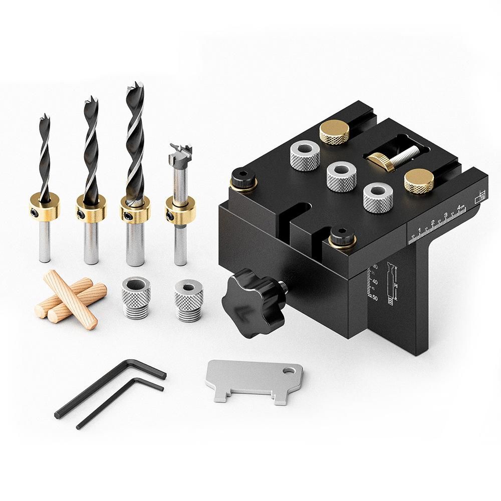 3in1 Woodworking Holes Drilling Locator Aluminum Alloy Punch Positioner Woodpiece Guide Jig with 0-15mm Clamping Ranges Carpentry DIY Tool for Board Splicing