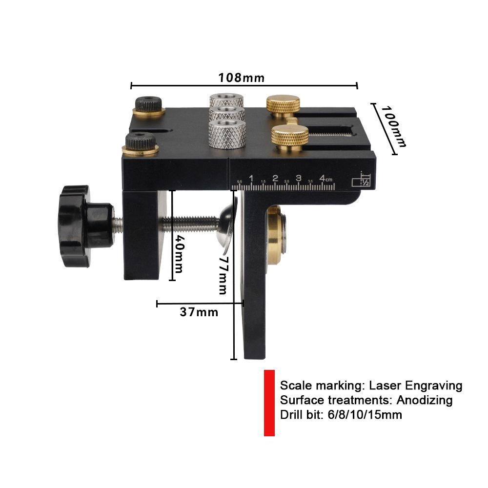 3in1 Woodworking Holes Drilling Locator Aluminum Alloy Punch Positioner Woodpiece Guide Jig with 0-15mm Clamping Ranges Carpentry DIY Tool for Board Splicing
