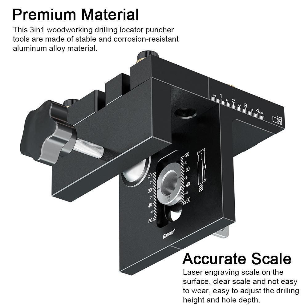 3in1 Woodworking Holes Drilling Locator Aluminum Alloy Punch Positioner Woodpiece Guide Jig with 0-15mm Clamping Ranges Carpentry DIY Tool for Board Splicing