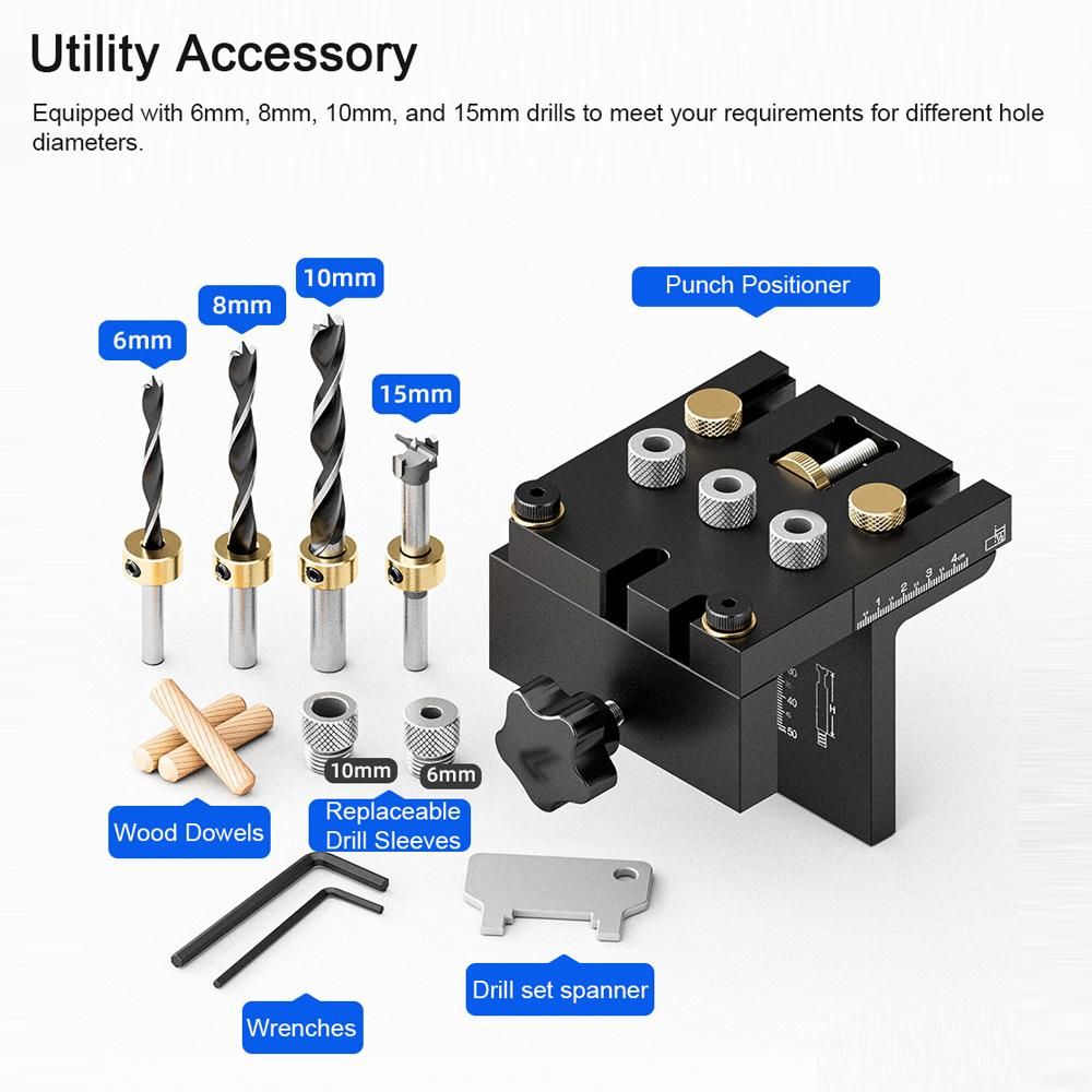3in1 Woodworking Holes Drilling Locator Aluminum Alloy Punch Positioner Woodpiece Guide Jig with 0-15mm Clamping Ranges Carpentry DIY Tool for Board Splicing