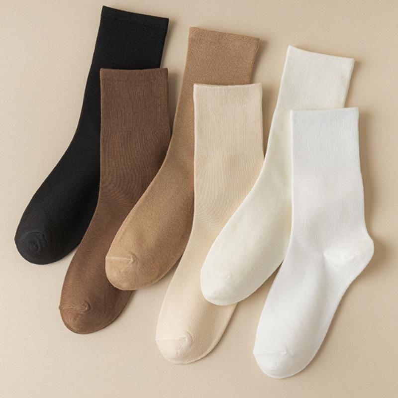 5 Pairs Set Solid Color Cotton Socks Medium Tube Knitted Loose Long Soft Spring Autumn Crew Casual Sock Black White Breathable