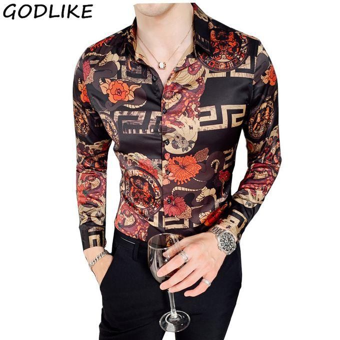 2019 Autumn Flower Shirt Mens Club Long Sleeve Shirt Slim Fit Fancy Shirts Casual Shirts Men Camisa Social Masculina(2325black)
