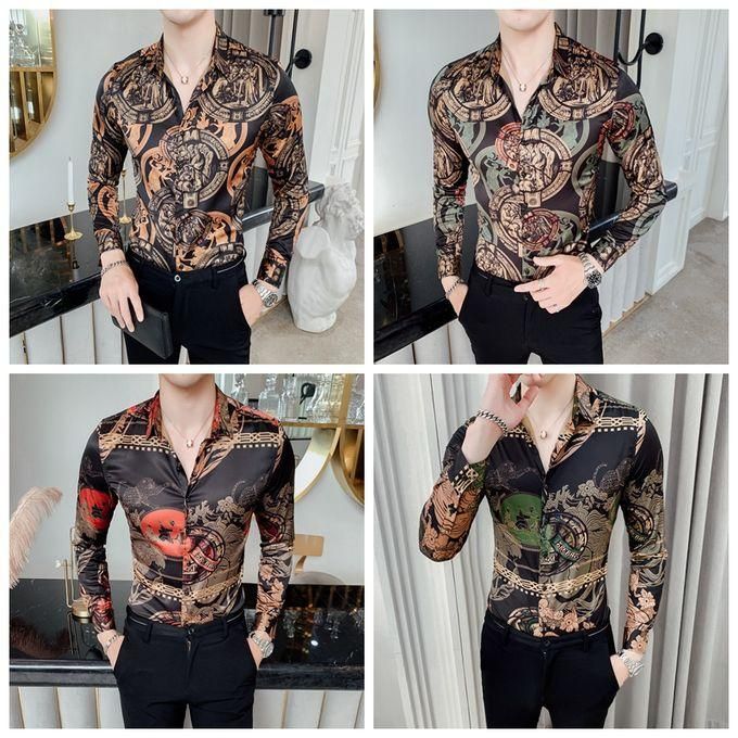 2019 Autumn Flower Shirt Mens Club Long Sleeve Shirt Slim Fit Fancy Shirts Casual Shirts Men Camisa Social Masculina(2325black)
