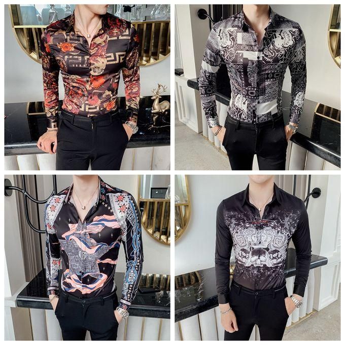 2019 Autumn Flower Shirt Mens Club Long Sleeve Shirt Slim Fit Fancy Shirts Casual Shirts Men Camisa Social Masculina(2325black)