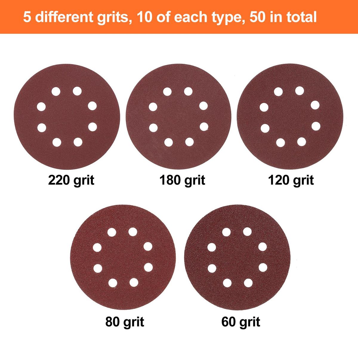 50Pcs Sanding Discs 5 Inch  125mm 8 Holes 220/180/120/80/60 Grit Sandpaper for Random Orbital Sander