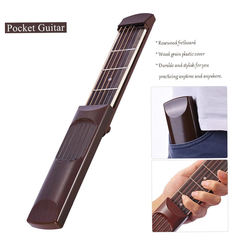 Portable Pocket Acoustic Guitar Practice Tool Gadget Chord Trainer 6 String 4 Fret Model Rosewood Fretboard Wood Grain for Beginner Learner