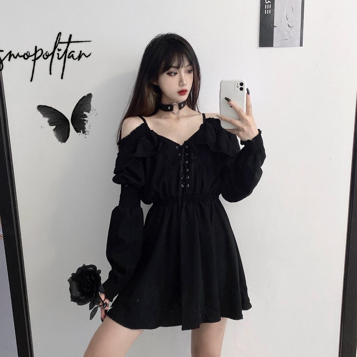 Lace up dress ins dark black lace up suspender off the shoulder waist shows thin Hepburn style small