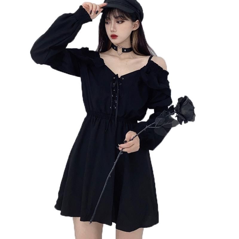 Lace up dress ins dark black lace up suspender off the shoulder waist shows thin Hepburn style small