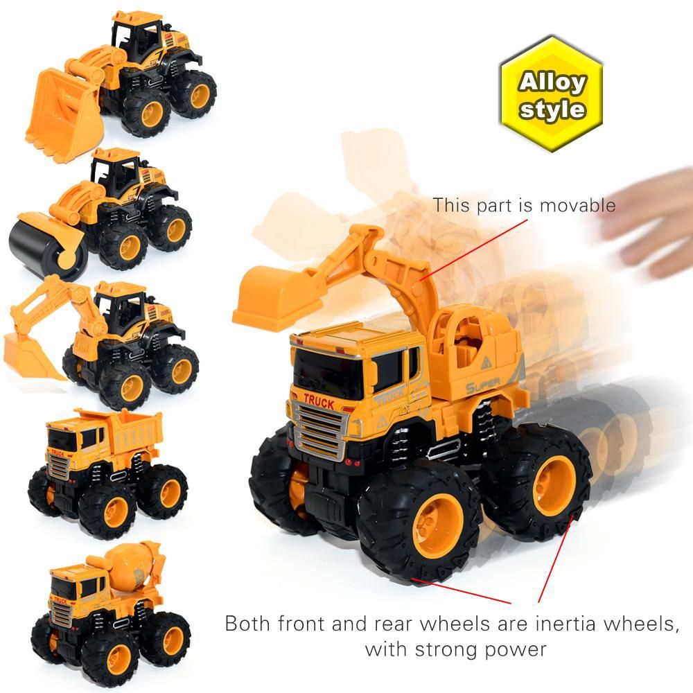 Cartoon Engineering Car Toy Inertia Mini Alloy Four-wheel Drive Car Excavator Roller Car Obstacle Clearing Cloud Ladder Car Boy