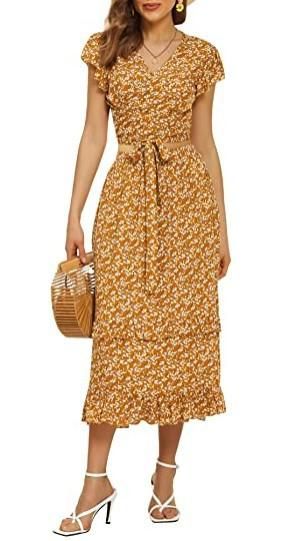 Women's two-piece suit dress, flower self-tied dew navel top and mid-length skirt suit with pockets