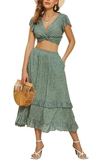 Women's two-piece suit dress, flower self-tied dew navel top and mid-length skirt suit with pockets