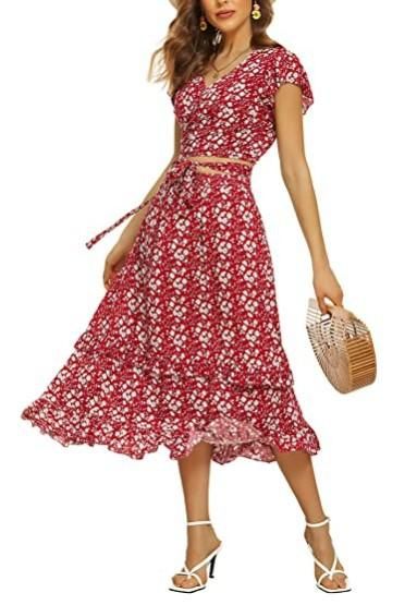 Women's two-piece suit dress, flower self-tied dew navel top and mid-length skirt suit with pockets