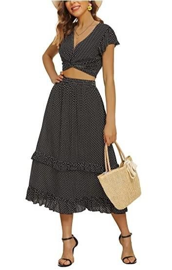 Women's two-piece suit dress, flower self-tied dew navel top and mid-length skirt suit with pockets