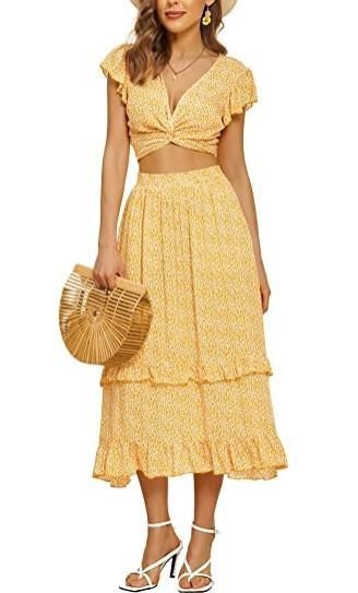 Women's two-piece suit dress, flower self-tied dew navel top and mid-length skirt suit with pockets