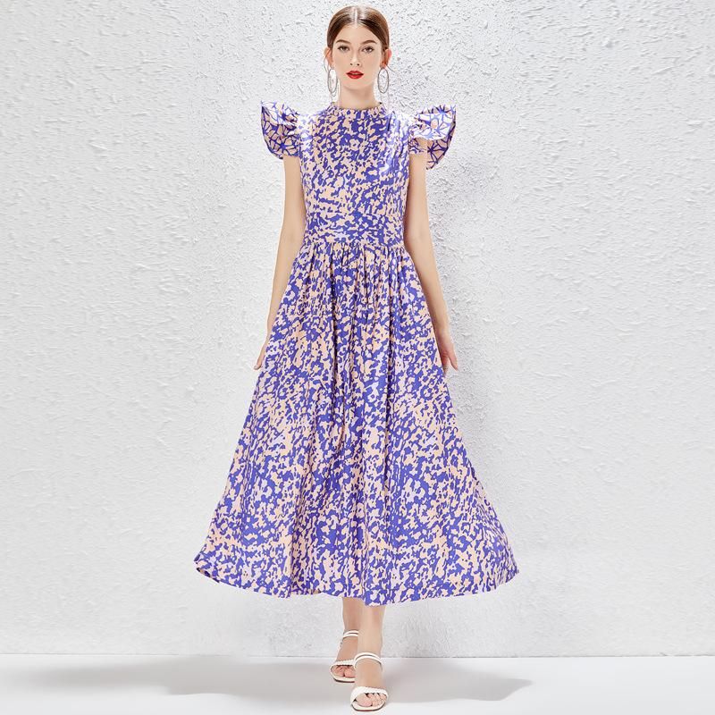 Printed dress women's new summer ruffle stitching floral printing and dyeing large skirt
