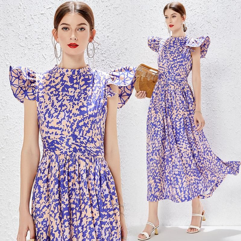 Printed dress women's new summer ruffle stitching floral printing and dyeing large skirt