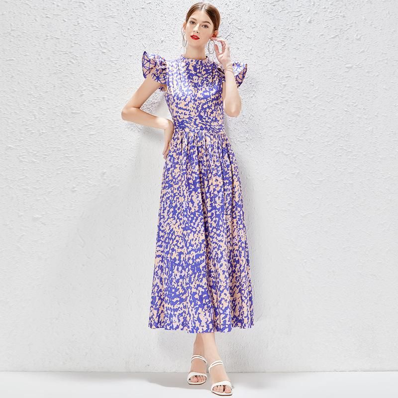Printed dress women's new summer ruffle stitching floral printing and dyeing large skirt