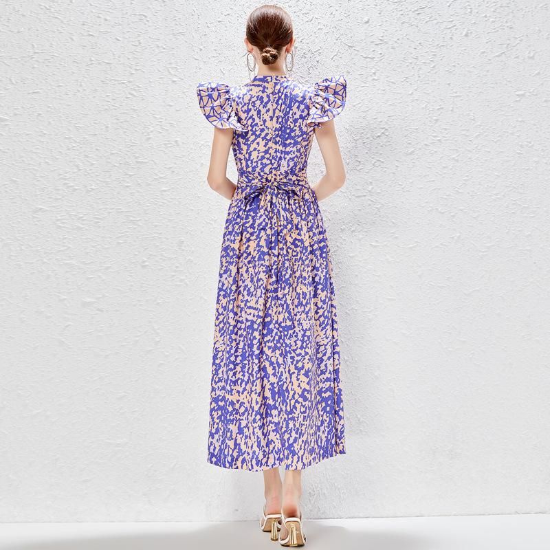 Printed dress women's new summer ruffle stitching floral printing and dyeing large skirt