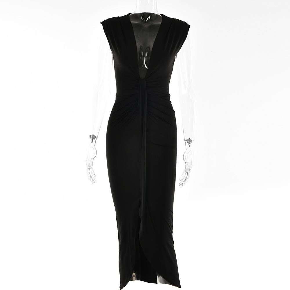 2022 new pleated V-neck dress summer feminine hot girl waist long skirt