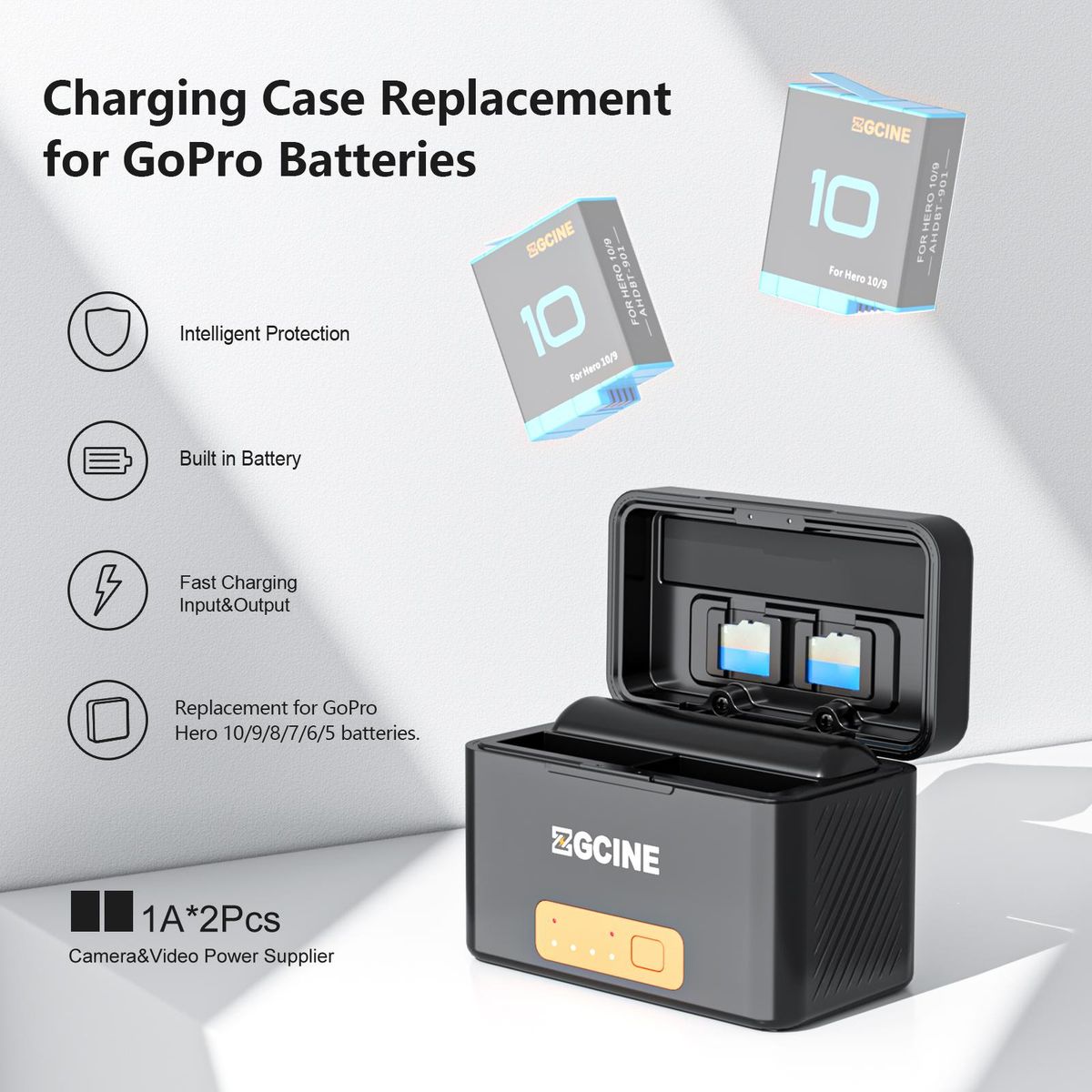 ZGCINE PS-G10 mini Portable Sports Camera Battery Fast Charging Case 5200mAh Wireless Dual Battery Charger with Type-C Port Replacement for GoPro Hero 10 9 8 7 6 5
