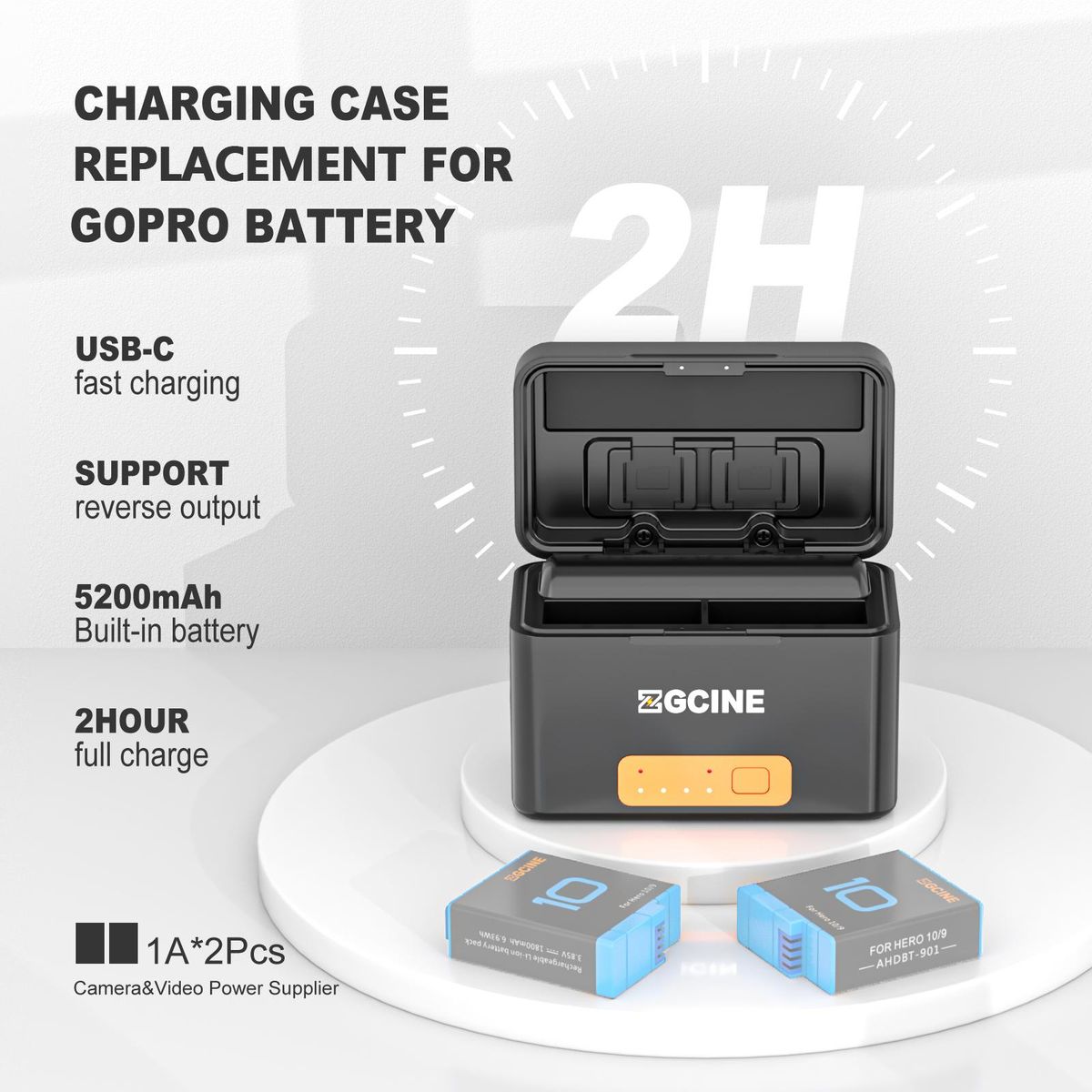 ZGCINE PS-G10 mini Portable Sports Camera Battery Fast Charging Case 5200mAh Wireless Dual Battery Charger with Type-C Port Replacement for GoPro Hero 10 9 8 7 6 5
