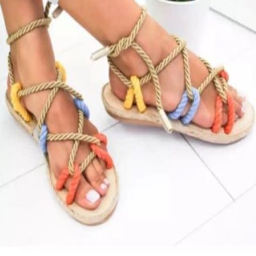 Multicolour Women’s Roman Gladiator Hemp Rope Lace-up Flat Sandals
