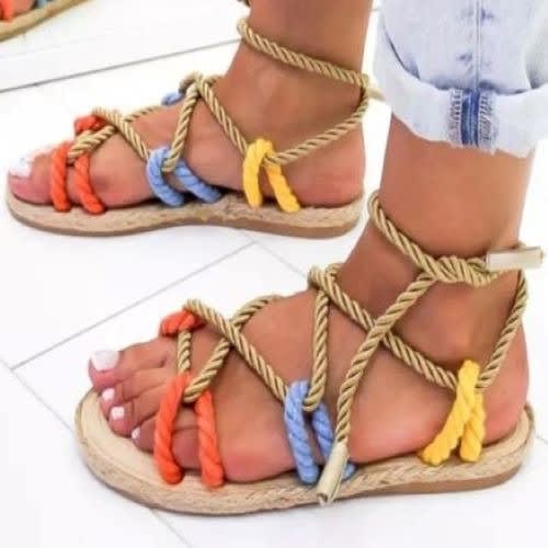 Multicolour Women’s Roman Gladiator Hemp Rope Lace-up Flat Sandals
