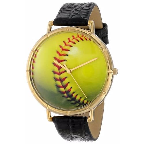 Women's N0840003 Softball Lover Black Leather And Goldtone Photo Watch