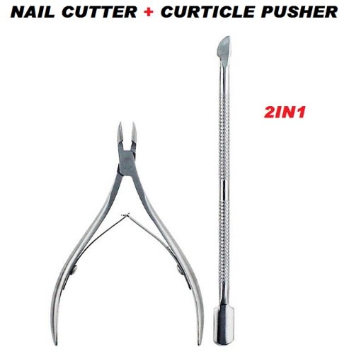Stainless Steel Nail Cuticle Pushers Plus Cutter Tools - 2pcs/set