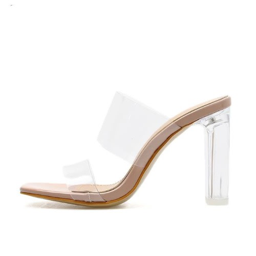 Ladies Transparent Block Heel Slippers- Nude