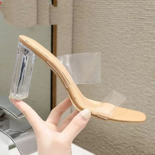 Ladies Transparent Block Heel Slippers- Nude