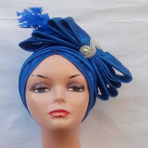 Bow Turban With Feather - Blue