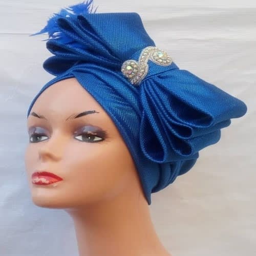 Bow Turban With Feather - Blue
