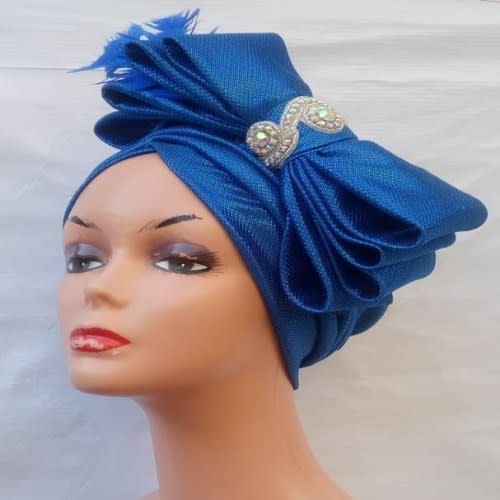 Bow Turban With Feather - Blue