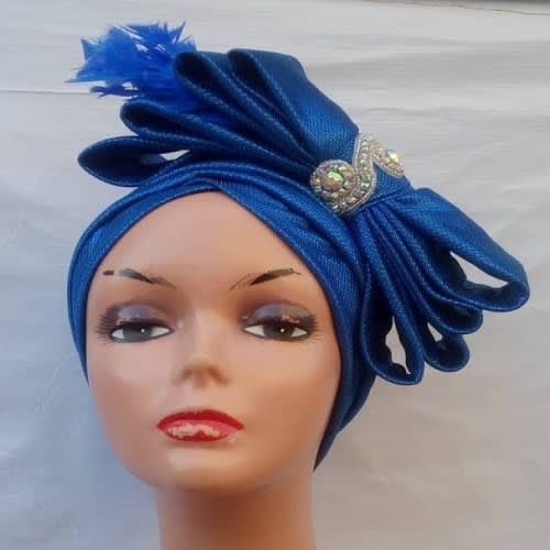 Bow Turban With Feather - Blue