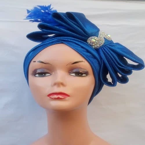 Bow Turban With Feather - Blue