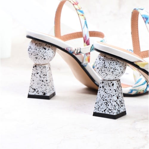 Floral Block Heel Sandals- White