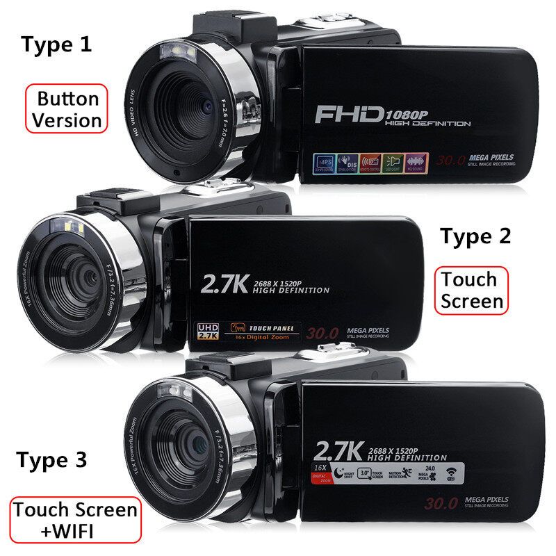 (30MP 16X Zoom) Professional Full HD 1080P 2.7K LCD Touch Screen Digital Camcorder Video DV Camera HD Screen IPS Digital Camera-IR Night Version, Loop Recording, Self- Touch Screen + Wifi