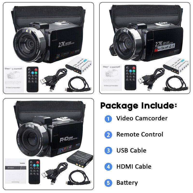 (30MP 16X Zoom) Professional Full HD 1080P 2.7K LCD Touch Screen Digital Camcorder Video DV Camera HD Screen IPS Digital Camera-IR Night Version, Loop Recording, Self- Touch Screen + Wifi