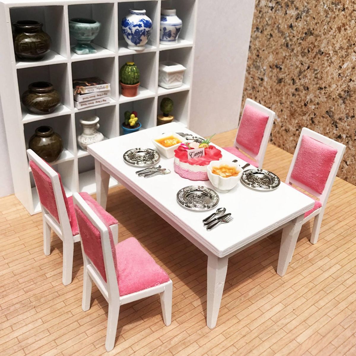 5Pcs 1/12 Dollhouse Dining Table Chair Wooden Set for