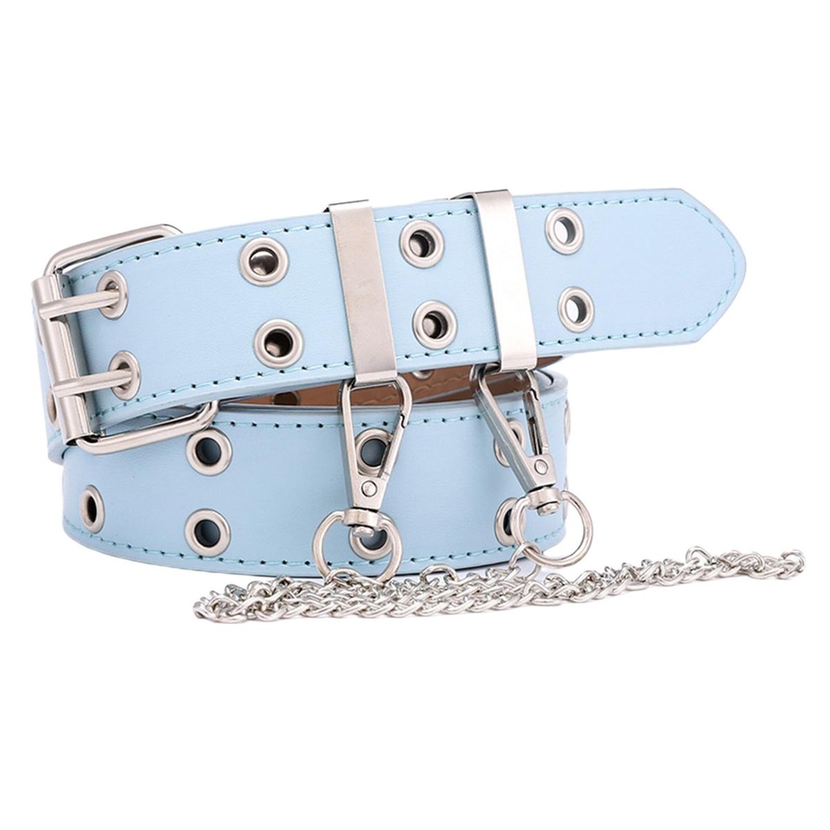 Ladies Women Waist Belt Punk Double Grommet Gothic Blue With Chain