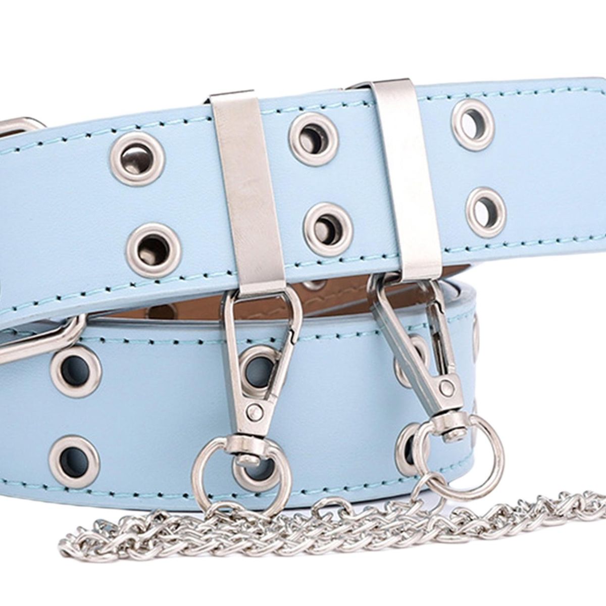 Ladies Women Waist Belt Punk Double Grommet Gothic Blue With Chain
