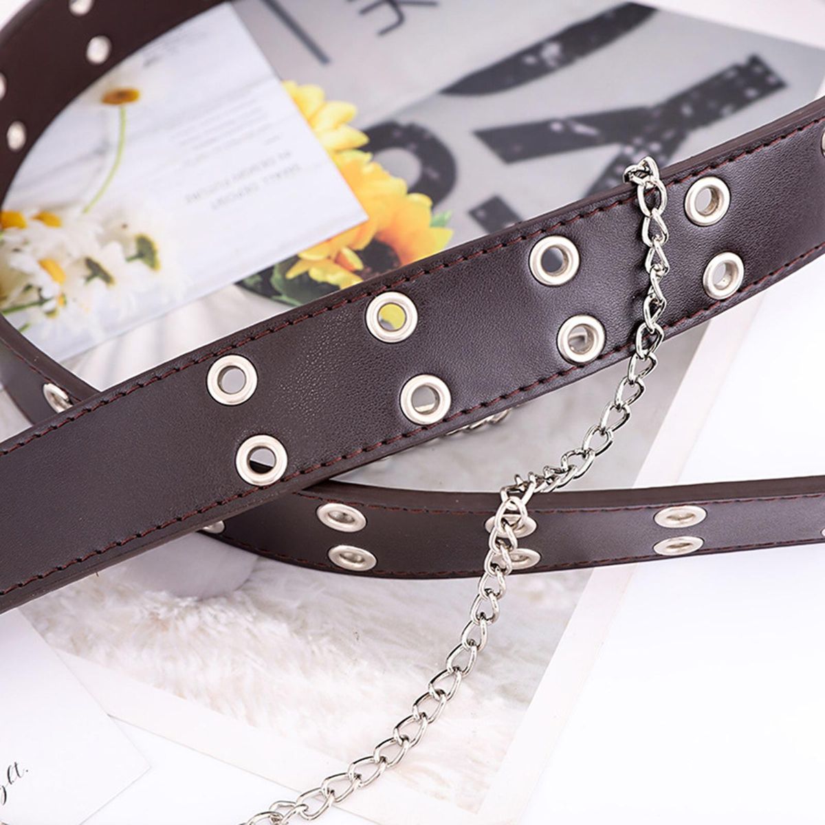 Ladies Women Waist Belt Punk Double Grommet Gothic Blue With Chain