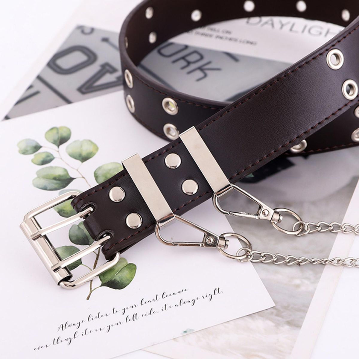 Ladies Women Waist Belt Punk Double Grommet Gothic Blue With Chain