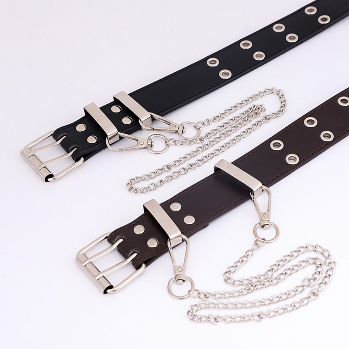 Ladies Women Waist Belt Punk Double Grommet Gothic Blue With Chain