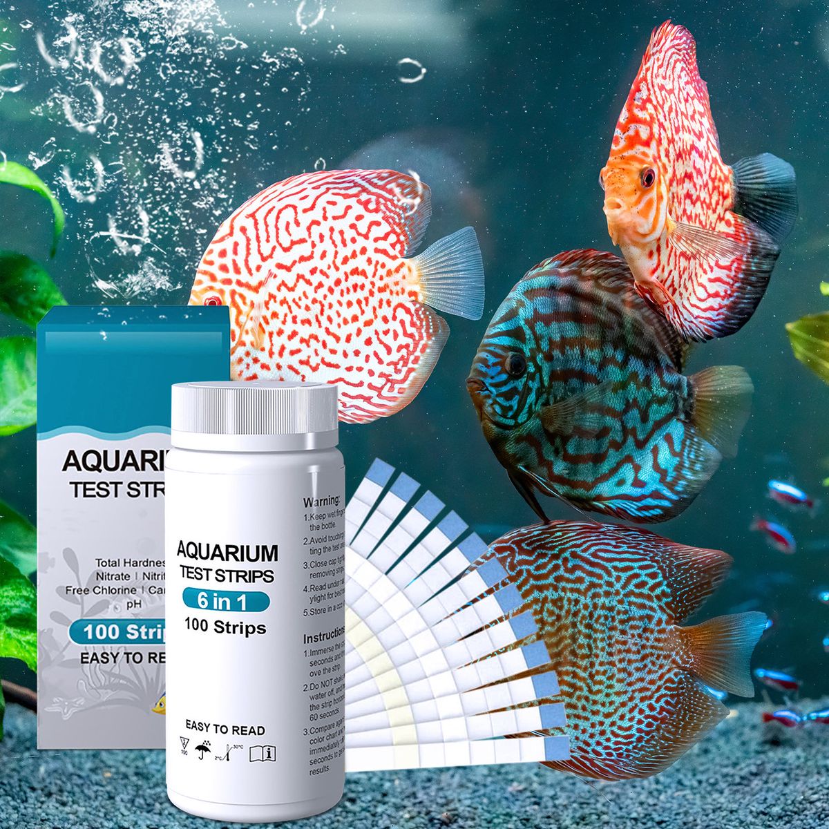 Test Strips 6-in-1 100PCS Swimming Pool Aquarium Hardness Water Quality Test Kit Carbonate Hardness PH Nitrate Chlorine Nitrite